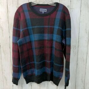 Club Room Men's Plaid Crew Neck Sweater Burgundy Blue Merino Wool Blend Size L